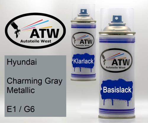 Hyundai, Charming Gray Metallic, E1 / G6: 400ml Sprühdose + 400ml Klarlack - Set, von ATW Autoteile West.